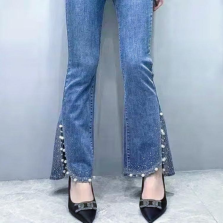 Pearl rhinestone slit stretch-denim jeans