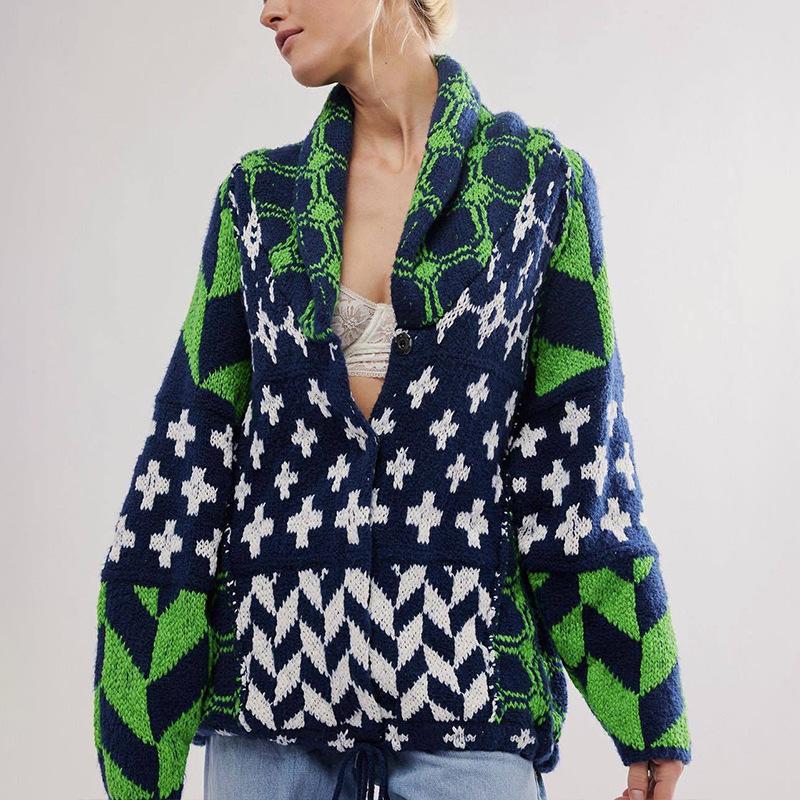 Abstract Print Lapel Loose Knit Sweater Cardigan