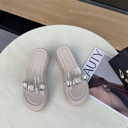 Rhinestone Thick Sole Heightened One-Word Sandals and Slippers