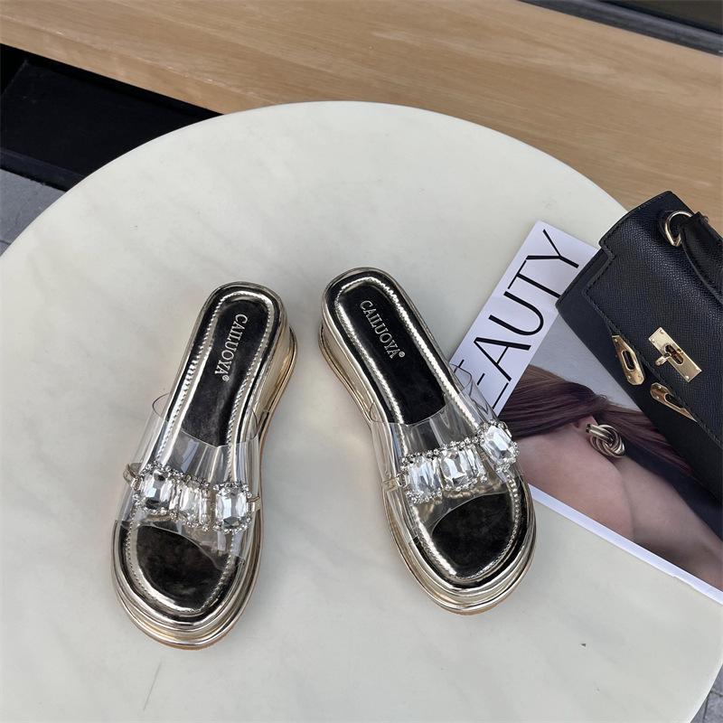 Rhinestone Thick Sole Heightened One-Word Sandals and Slippers