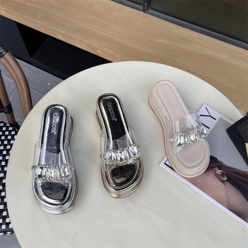 Rhinestone Thick Sole Heightened One-Word Sandals and Slippers