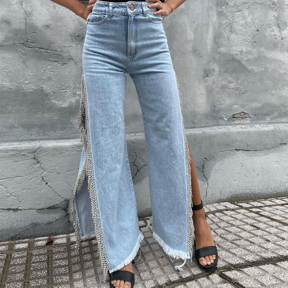 Split Chain Fringe Jeans