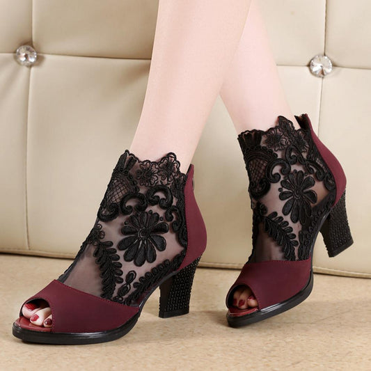Women's Fish Mouth Lace Low Heel Sandals