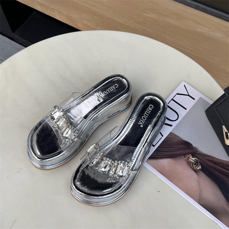 Rhinestone Thick Sole Heightened One-Word Sandals and Slippers