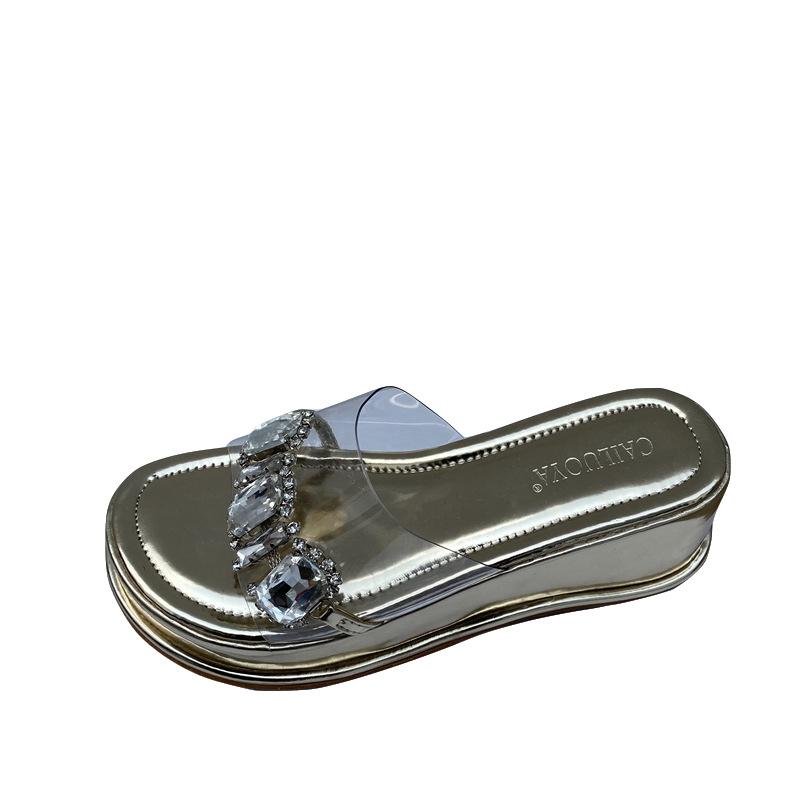 Rhinestone Thick Sole Heightened One-Word Sandals and Slippers