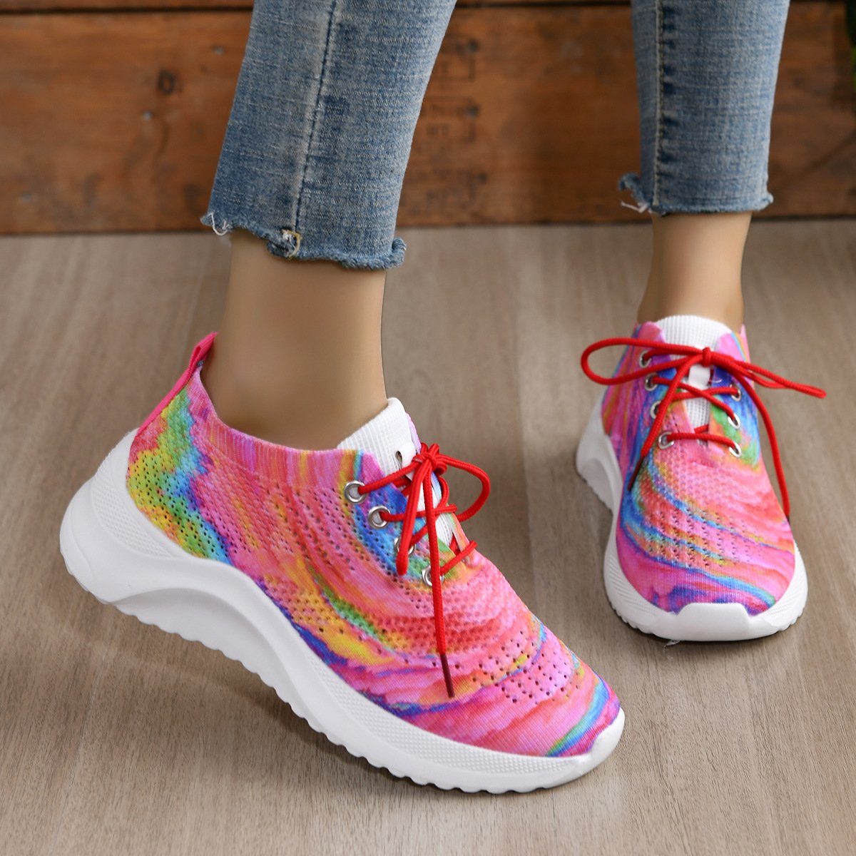 Tie Dye Print Lace-up Slip-On Breathable Trainers