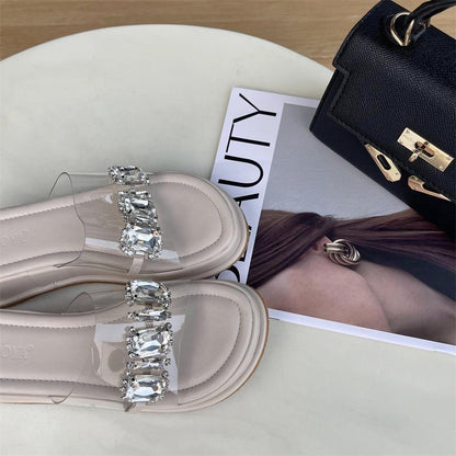 Rhinestone Thick Sole Heightened One-Word Sandals and Slippers