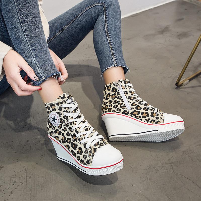 High Top Canvas Shoes Wedge Casual Lace Up Side Zip Trainers