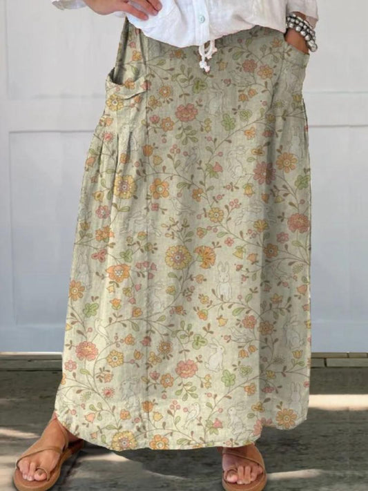 F61207 Women's Vintage Floral Linen Pocket Skirt