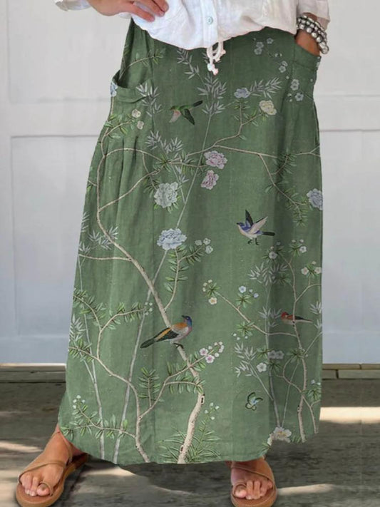 F61202 Women's Vintage Floral Linen Pocket Skirt