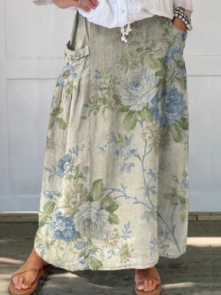 F61302 Women's Vintage Floral Linen Pocket Skirt