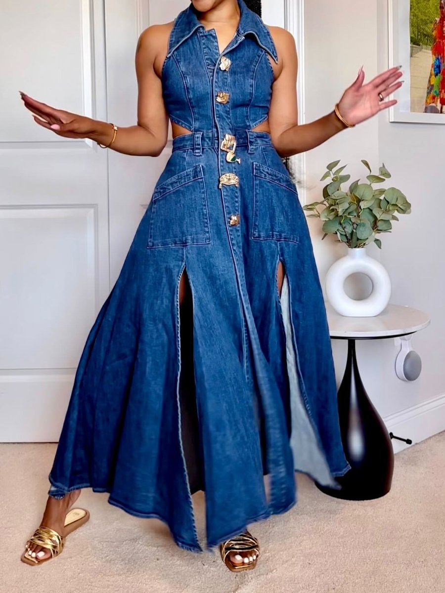 F7171 Hollow Denim Dress