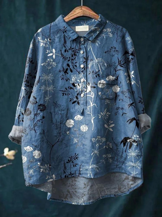 F6606 Women's Printed Casual Cotton and Linen Shirt