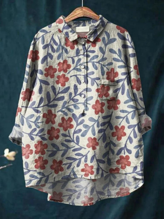 F6603 Women's Printed Casual Cotton and Linen Shirt