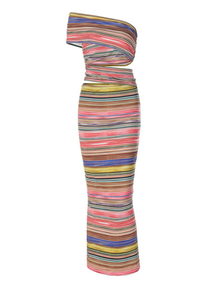 Colorful Printed One-shoulder Maxi Dress