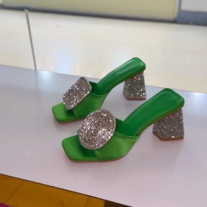 Rhinestone Thick Heeled Slippers