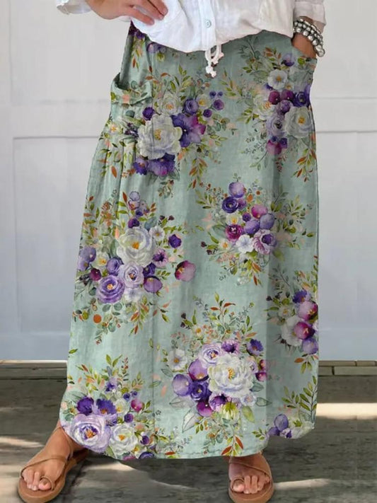 F61212 Women's Vintage Floral Linen Pocket Skirt