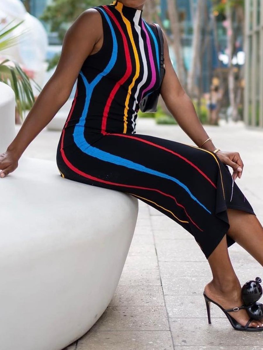 Colorful Striped Slim Pencil Dress