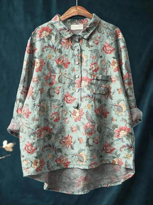 F6605 Women's Printed Casual Cotton and Linen Shirt