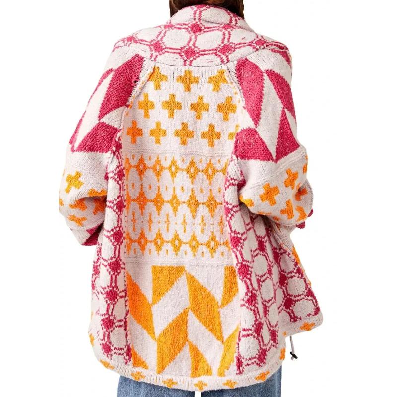 Abstract Print Lapel Loose Knit Sweater Cardigan