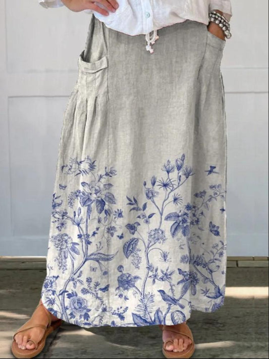 F61208 Women's Vintage Floral Linen Pocket Skirt