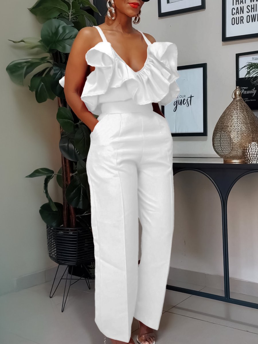 V-neck Ruffle Strap Suit