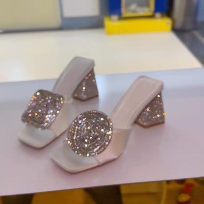 Rhinestone Thick Heeled Slippers