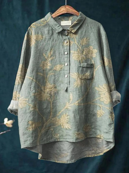 F6607 Women's Printed Casual Cotton and Linen Shirt