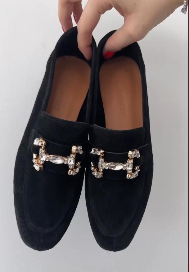 Genuine Leather Buckle Stone Detailed Women's Flats