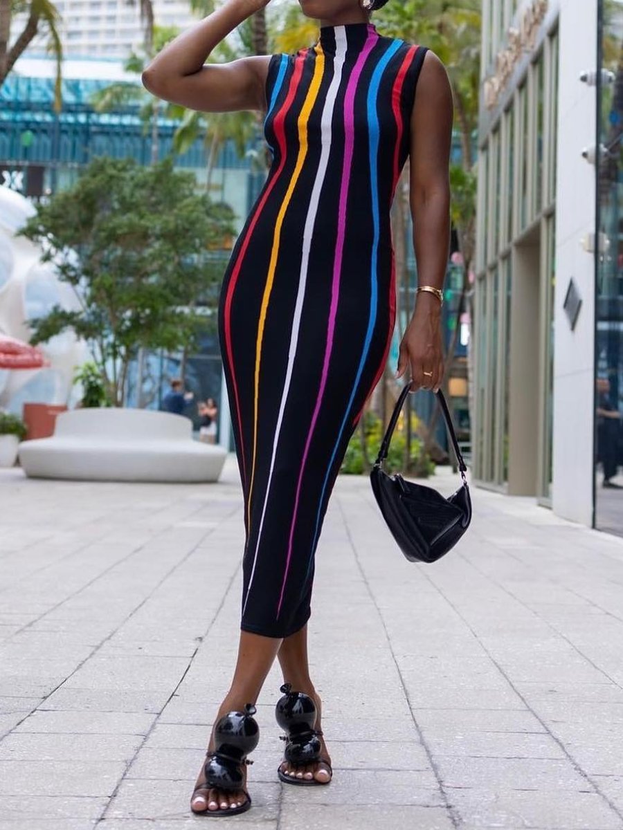 Colorful Striped Slim Pencil Dress