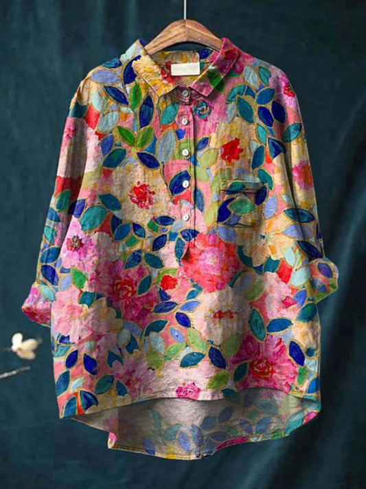 F6608 Women's Printed Casual Cotton and Linen Shirt