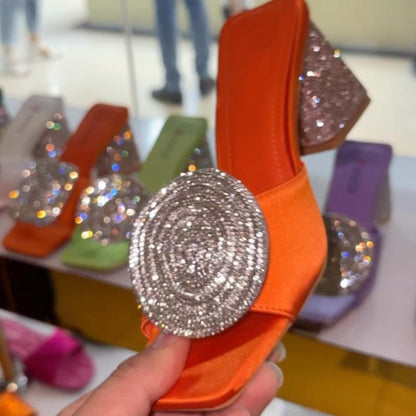 Rhinestone Thick Heeled Slippers