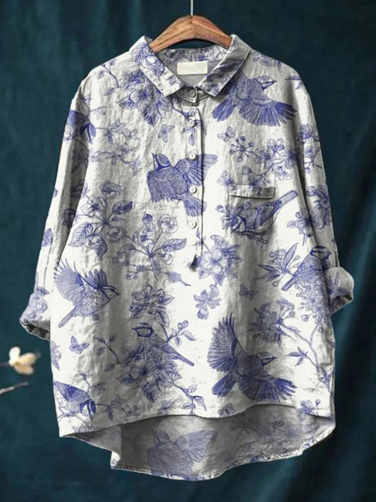 F6604 Women's Printed Casual Cotton and Linen Shirt
