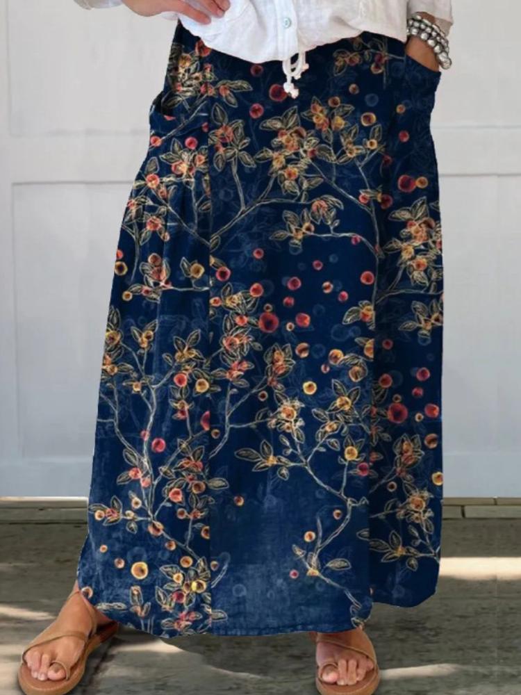 F61304 Women's Vintage Floral Linen Pocket Skirt