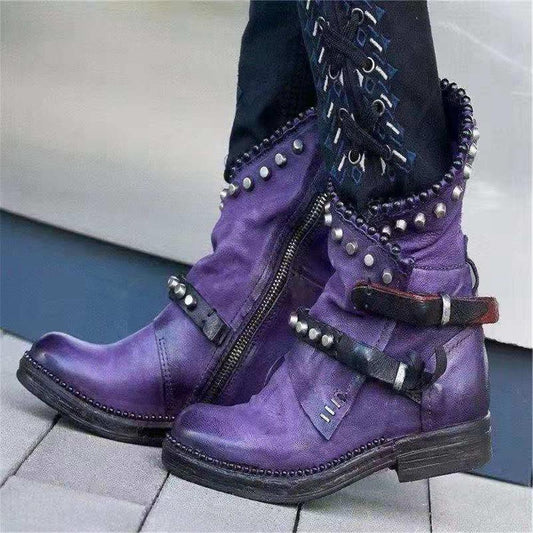 Retro Female Buckle Zipper Sewing Winter Boots