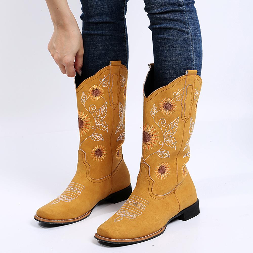 Low Heel Hiking Boots Solid Color Autumn Winter Women's Cowboy Boots