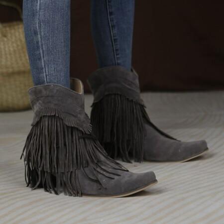 Autumn Winter Women's Chunky Heel Fringed Ankle Boots