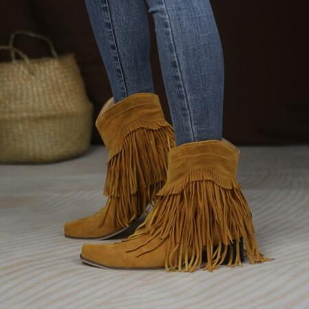 Autumn Winter Women's Chunky Heel Fringed Ankle Boots