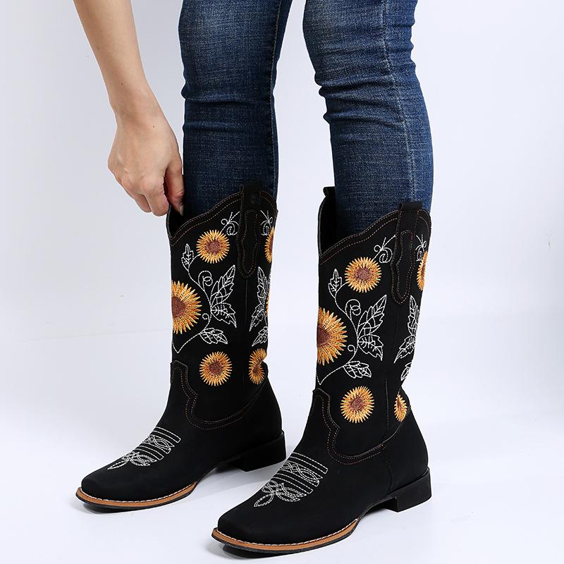 Low Heel Hiking Boots Solid Color Autumn Winter Women's Cowboy Boots