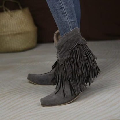 Autumn Winter Women's Chunky Heel Fringed Ankle Boots