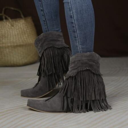 Autumn Winter Women's Chunky Heel Fringed Ankle Boots