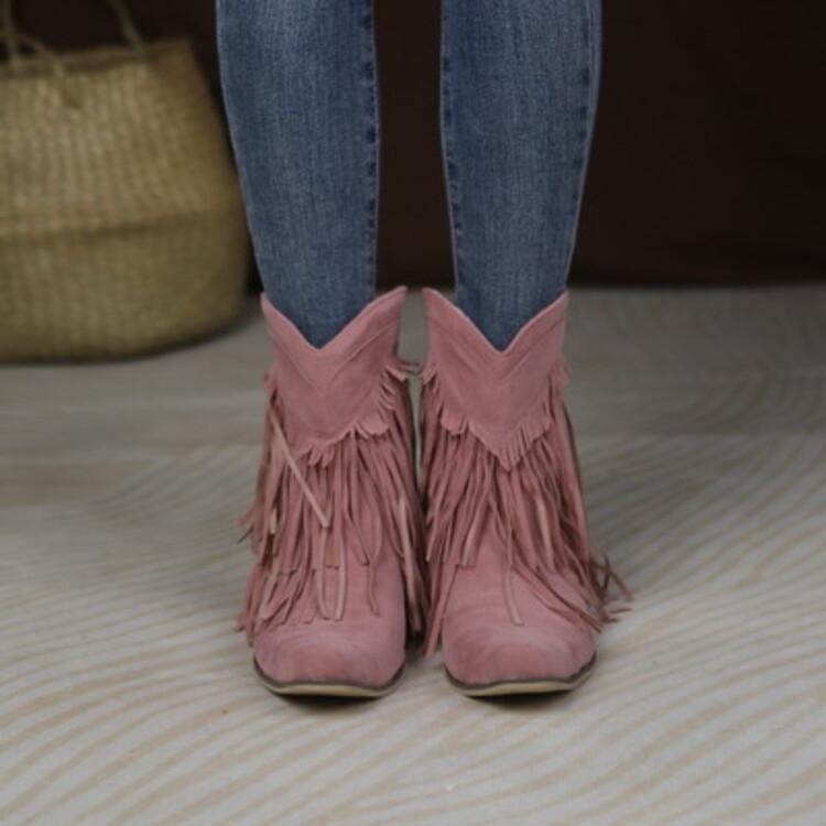 Autumn Winter Women's Chunky Heel Fringed Ankle Boots